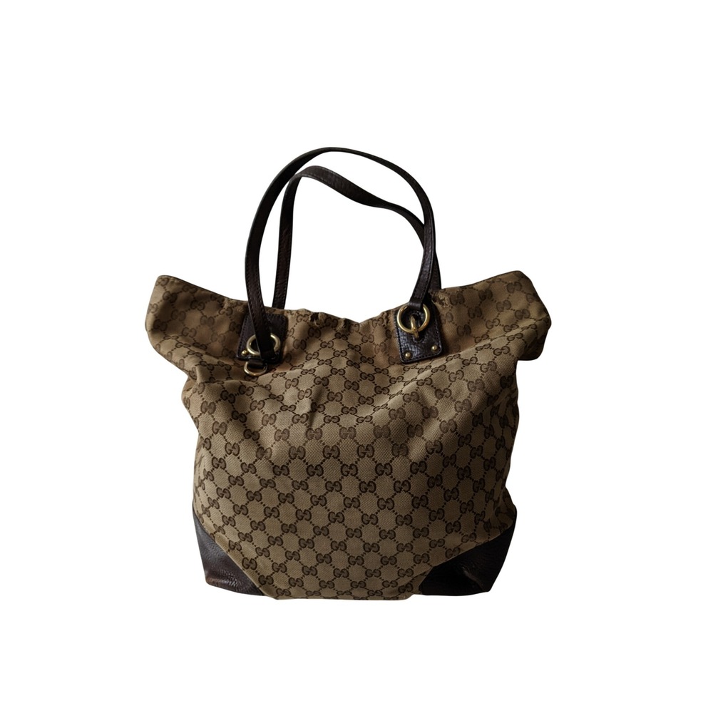 Gucci GG Monogram Canvas Leather Tote Bag Brown Gold Hardware Made in Italy Flaw